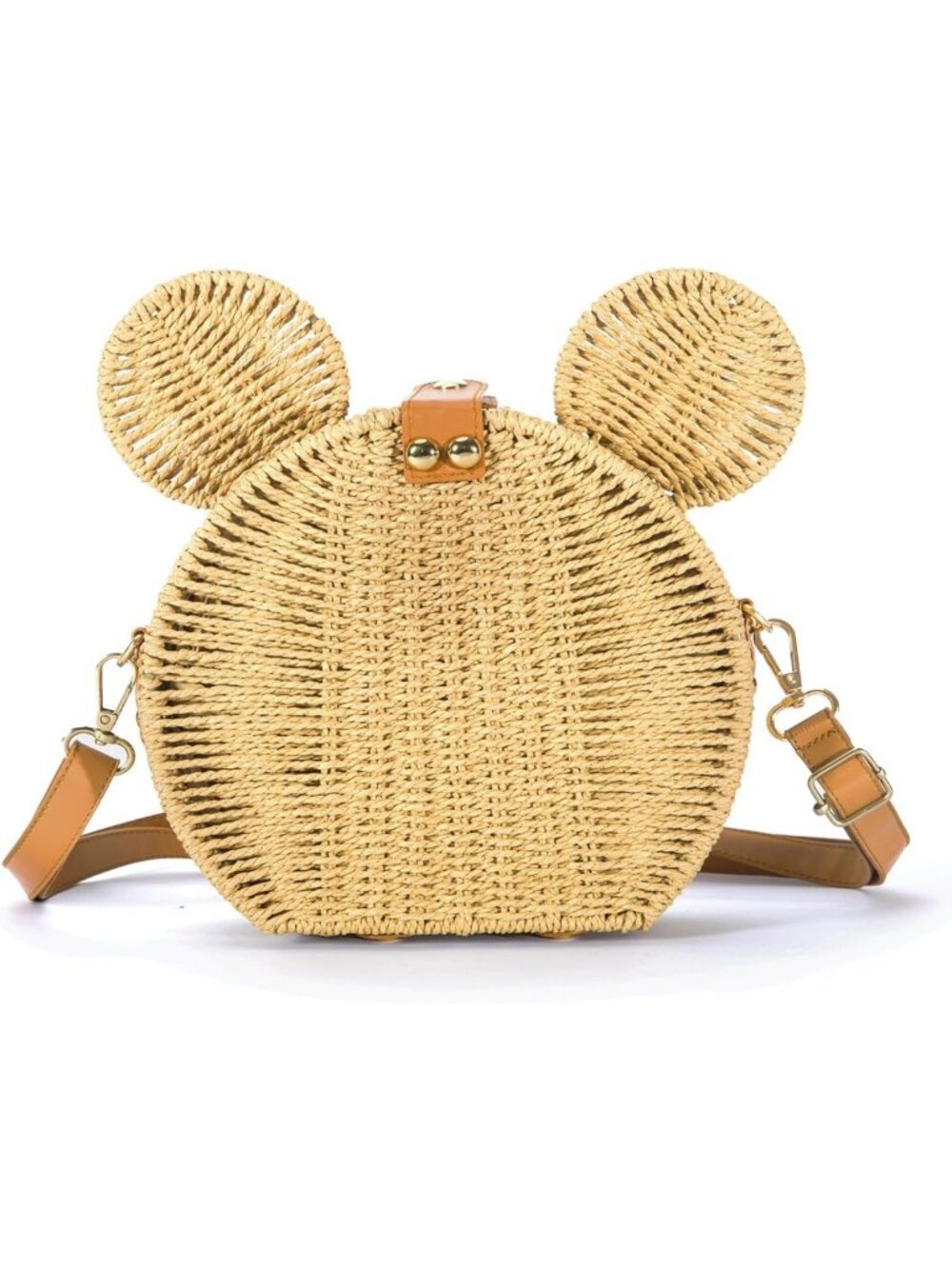 Handmade Round Rattan Straw Bag - Cute Mouse Ear Wicker Crossbody Purse